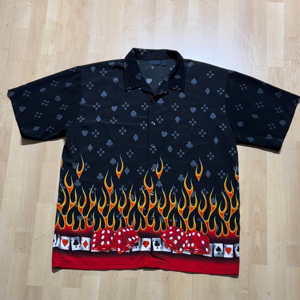 Vintage Hot Topic Men's Black Flame and Dice Pattern Shirt